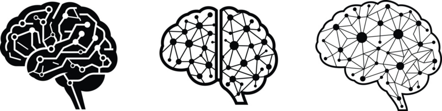 Artificial intelligence brain icons set featuring digital neural