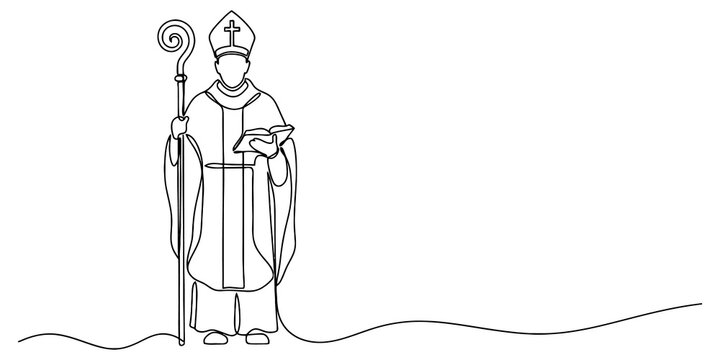 Catholic bishop holding pastoral staff and bible in single line art for religious events and spiritual church materials.