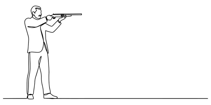 Hunter aiming with rifle in black continuous line drawing for sport shooting and outdoor hunting activity illustrations.