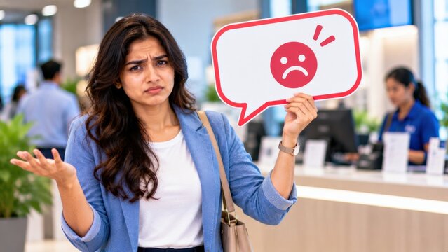 Frustrated woman holding red sad emoticon speech bubble sign indoors representing poor customer service experiences.