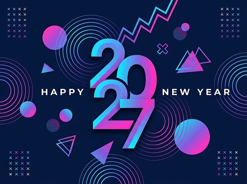 Happy New Year 2027 celebration with geometric design and confetti