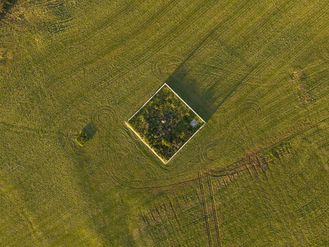 Aerial view of a square fenced-in area with trees and vegetation in the middle of a grassy field Melbourne, VIC, Australia.
