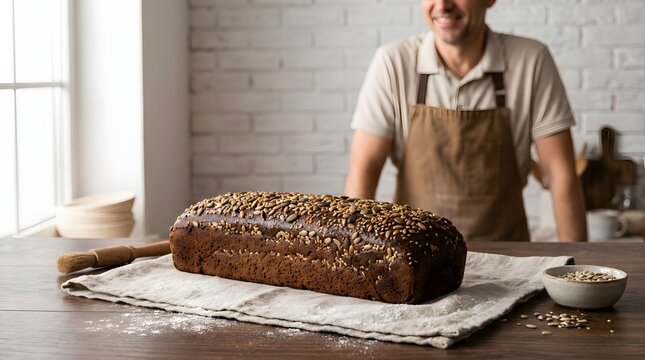 Freshly baked multigrain rye loaf on linen cloth with smiling baker standing behind   