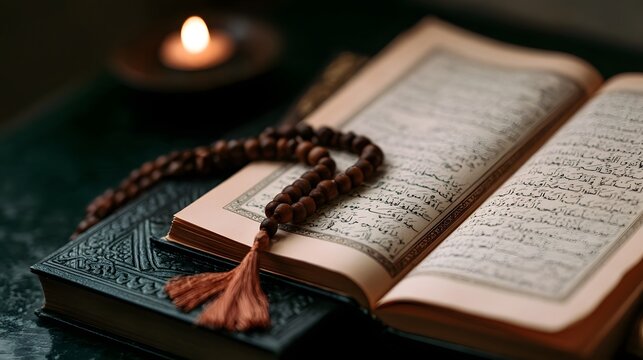 An open book with Arabic script  wooden prayer beads  and a lit candle on a dark surface  evoking a serene spiritual atmosphere