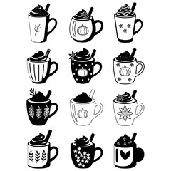 Fototapeta premium Pumpkin Spice Latte Coffee Mug Icons Autumn Fall Drink Vector Art