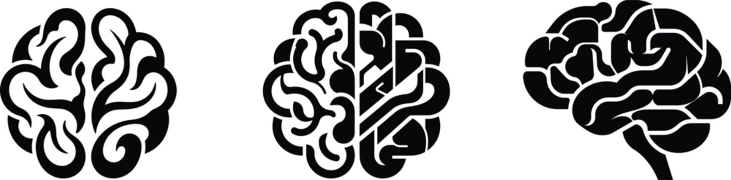 Set of three black human brain icons representing mental health and