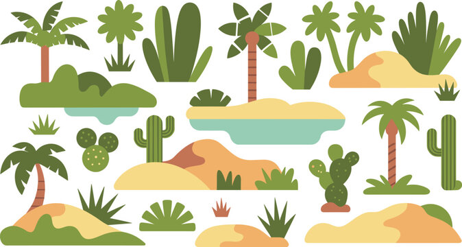 Desert oasis set vector illustration with palm trees cactus plants sand dunes and water isolated on white background
