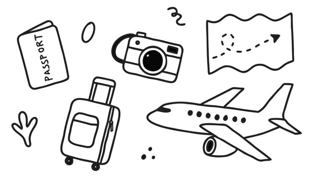 Hand-Drawn Doodle Set of Travel Items with Passport, Camera, Map, Luggage, and Airplane.eps