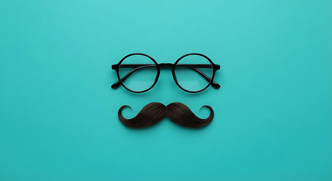Stylish eyeglasses and a classic mustache on a vibrant teal background for creative concepts