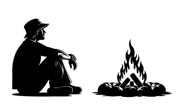 Man sitting by a campfire in a black and white illustration