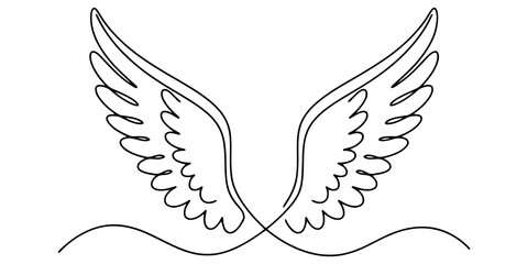 Fototapeta premium Angel wings outline in continuous black line art style represents spiritual freedom grace hope divine angelic symbolism.