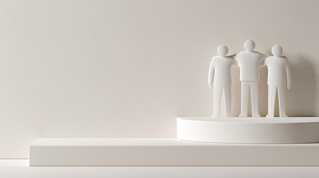 Three white figures standing together shoulder to shoulder on minimalist platform, representing teamwork and corporate unity
