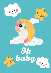 Fototapeta premium Cute baby shower card template with little sleeping unicorn, smiling stars, clouds, moon and balloon