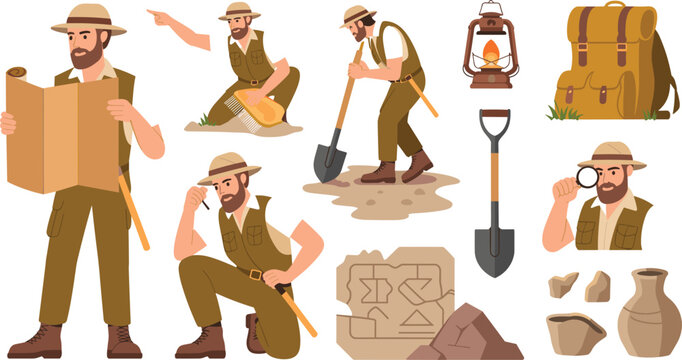 Archaeologist and Explorer Vector Character Set with Vintage Map Backpack Shovel and Ancient Pottery Artifacts for Adventure History Education Graphic Designs