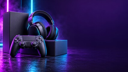 Fototapeta premium Black Gaming Controller and Headphones in Purple and Blue Neon Light