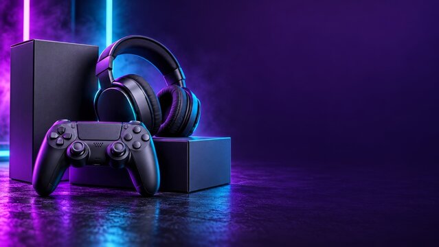 Black Gaming Controller and Headphones in Purple and Blue Neon Light
