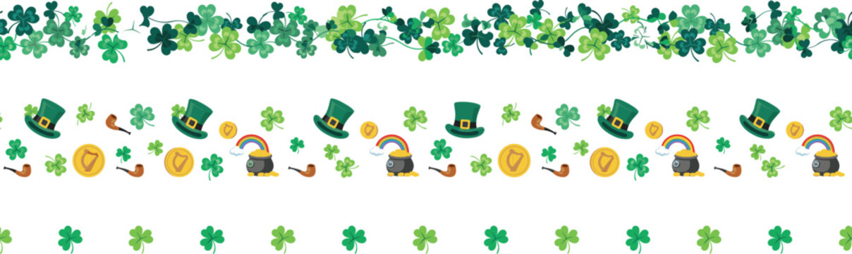 Saint Patrick Day Seamless Border Vector Set with Shamrock Clover Leprechaun Hat Gold Coins and Rainbow Elements for Irish Holiday Party Graphic Designs