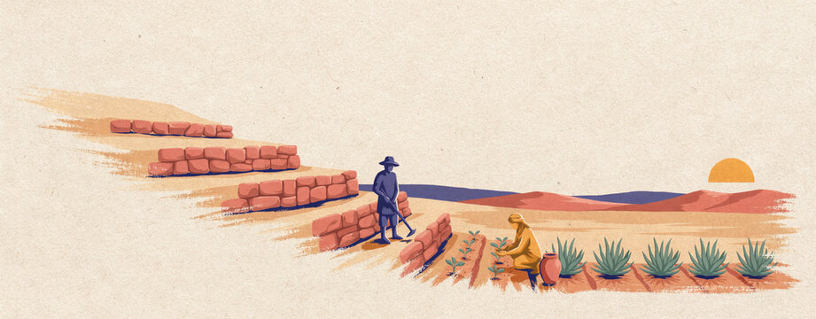 Farmers building stone terrace swales and planting drought tolerant crops for desert water harvesting in flat art illustration