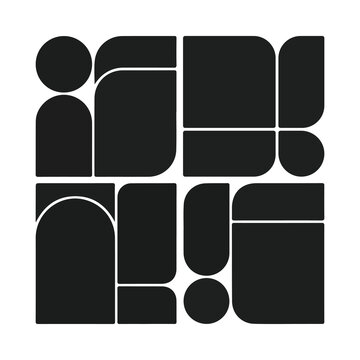 Abstract geometric composition with rounded squares and circles in black, creating a modern and minimalist design for backgrounds.