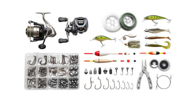 Fishing Equipment Collection with Hooks, Reels, Lures and Floats