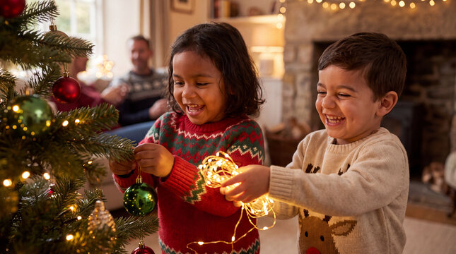 Indigenous and Mediterranean toddlers laugh while decorating a Christmas tree in a warmly lit traditional home for campaigns.