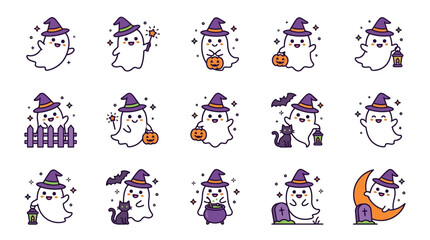 Obraz premium Professional Halloween Themed Ghost Characters with Witch Hats Jack O Lanterns and Spooky Accessories in Vibrant Purple Orange and Black