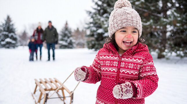An excited toddler in red and white festive outerwear pulls a small sled in fresh snow, perfect for seasonal Christmas advertising campaigns.