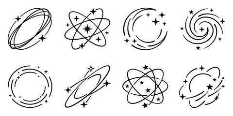 Fototapeta premium Set of eight vector icons depicting stars orbiting a central point, symbolizing dizziness, confusion, impact, or a state of being stunned.