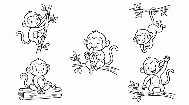 Set of cute little monkeys in various poses for coloring book page.