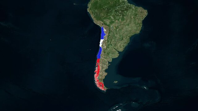World map animation highlighting chile with national flag and satellite geography view