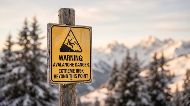 Avalanche warning sign, Avalanche danger warning sign in snowy mountain landscape