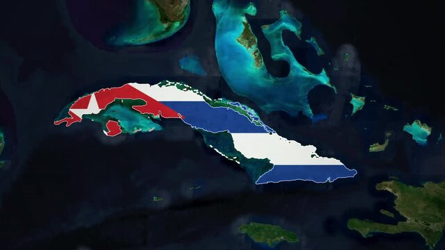 Animated World Map Zooming to Cuba with National Flag Overlay
