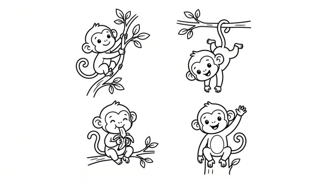 Set of cute little monkeys in various poses for kids coloring page activity.