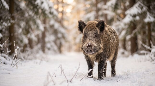 wild boar in snowy woods, Wild boar walking in snowy forest during winter  