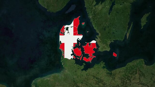 World map animation highlighting denmark with national flag and satellite geography view