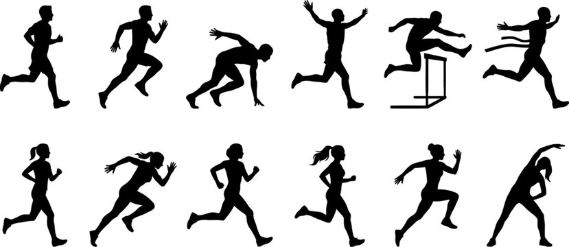 Running man and woman silhouette vector set, active athlete silhouettes, marathon runner sprint icons
