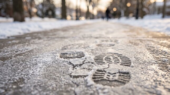 footprints on icy sidewalk in winter city park  