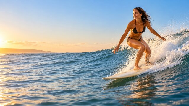 Woman surfing a small ocean wave on a cream board in golden evening light