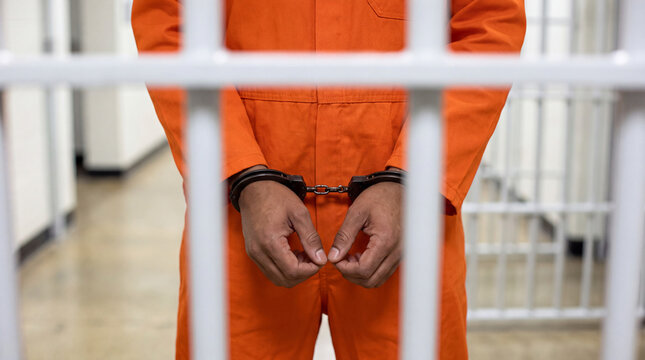 Restrained person in orange uniform with cuffed hands behind metal bars, viewed through a barrier in an institutional interior setting