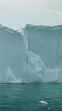 Vertical Video of Low White Icebergs Across Open Water. White and blue ice, rippling water and soft diffuse light reveal natural frozen texture and sculpted contours across the marine scene.