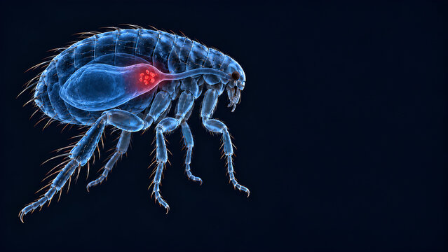 Plague vectors with rat fleas, rodent hosts and Yersinia pestis bacteria in translucent 3D medical illustrations with red highlights on dark navy backgrounds for public health posters and education