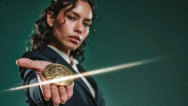 Woman holds a gold coin in an outstretched hand against a dark green backdrop. A bright horizontal streak of light cuts across the foreground near her palm.