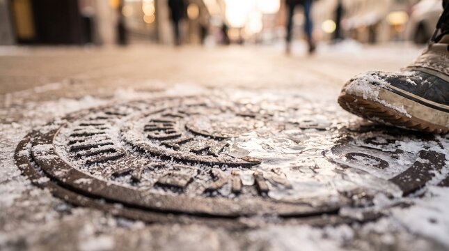 frozen manhole cover, Manhole cover on snowy city street with people walking in winter boots  