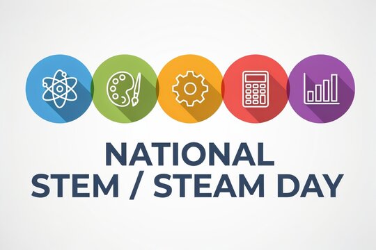 National stem and steam day concept with colorful icons isolated on white background