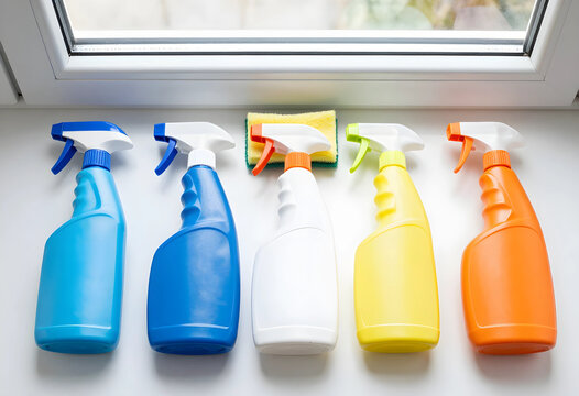 House cleaning and hygiene maintenance, colorful spray bottles with sponge on windowsill for spring cleaning chores and household sanitation supplies