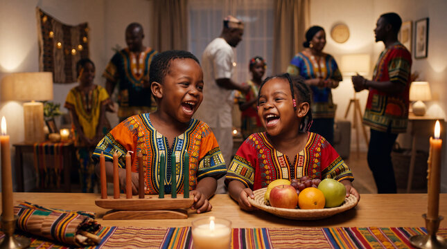 Beninese and Sudanese toddlers laugh while setting a candlelit Kwanzaa table in a heritage room for cultural promotions.