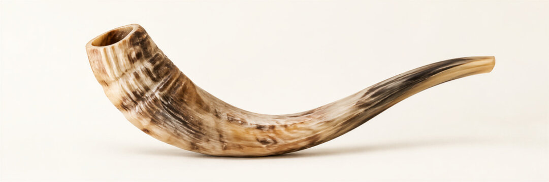 Curved shofar horn displayed against a plain background. Yom Kippur Jewish holy day and tradition. Jewish faith, repentance and atonement. Sacred ritual instrument for synagogue worship.