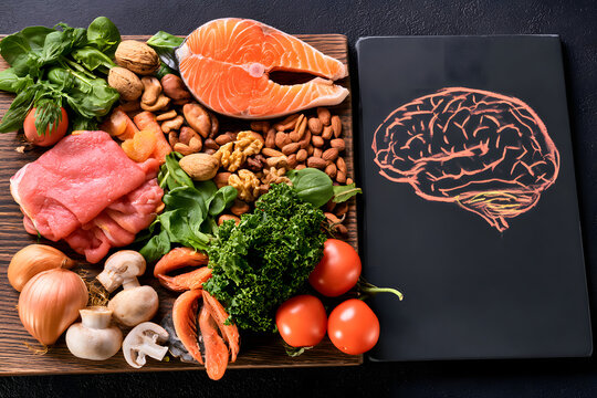 The idea behind brain-healthy fare includes fish, red meat, nuts, vegetables, and leafy greens. A top-down view of a blackboard, where the chalk drawing of a brain stands out against the dark backgrou