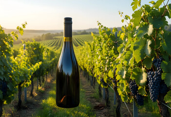 Fototapeta premium Viticulture and wine production, red wine bottle in vineyard at sunset for luxury beverage marketing and organic agriculture industry branding campaign