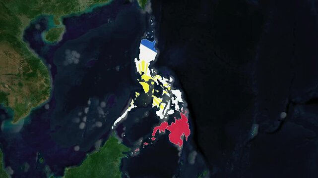 World map animation highlighting philippines with national flag and satellite geography view
